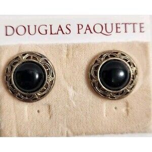 Vintage  Douglas Paquette Silvet/bronze Tone  Black Pierced Earrings NEW